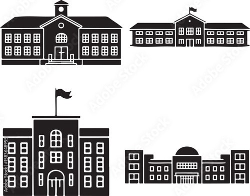 Set of School building silhouette vector illustration isolated On Transparent Background