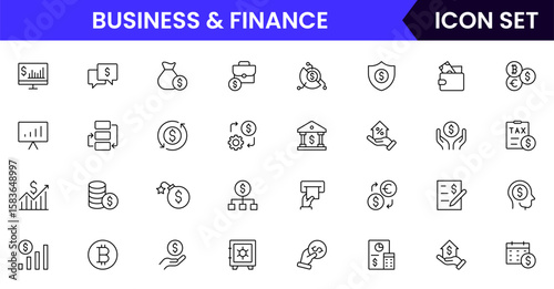 Business and Finance vector web line icon collection, sleek illustrations of budgets, savings, wallets, investments for smart, financial designs.
