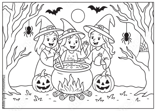 A fun and spooky Halloween-themed coloring page featuring three cheerful little witches brewing a potion in a bubbling cauldron. Surrounded by jack-o’-lanterns, bats, spiders, and bare trees