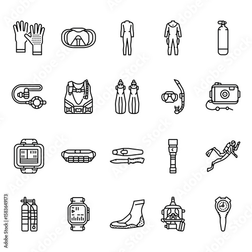 underwater equipment black line icons set for digital and print projects.
