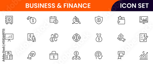 Business and Finance vector web line icon collection, sleek illustrations of budgets, savings, wallets, investments for smart, financial designs.