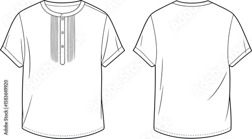 Henley shirt front and back sketch, short sleeve fashion design, button placket illustration, pintuck detail, clothing template, apparel layout