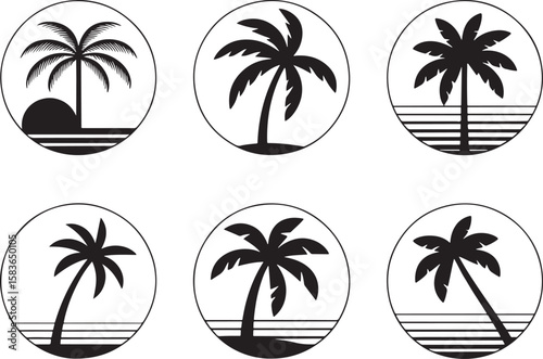 Collection of six black and white tropical palm tree circular icons