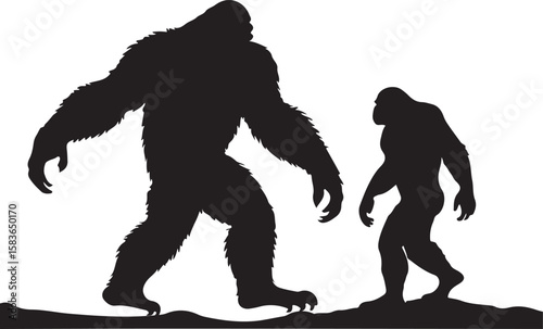 Bigfoot and smaller hominid silhouettes walking