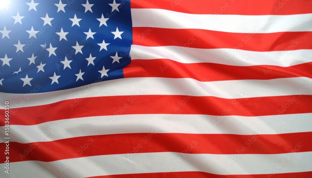 Fototapeta premium The image shows the United States flag with its 50 white stars on a blue field and 13 red and white stripes, symbolizing the nation and its values.