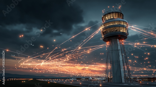 A futuristic air traffic control tower with an AI managing autonomous aircraft.