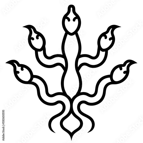 Mythological creature line art of a hydra with seven serpent heads isolated on white background