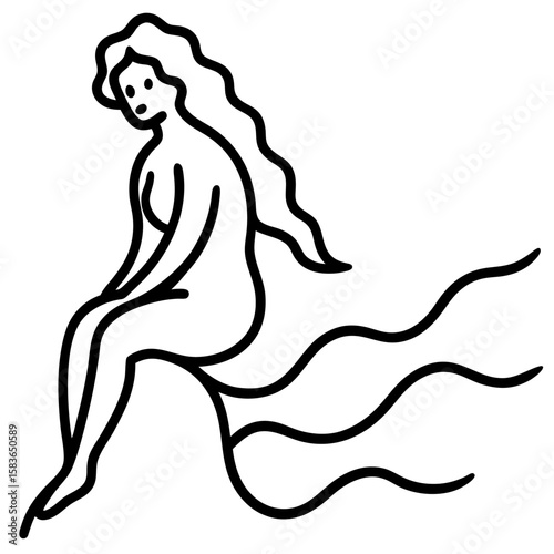 Elegant line art of a mythical nymph gracefully seated on a tree branch isolated on white background