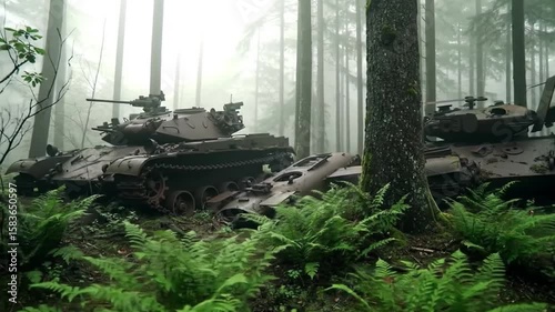 Abandoned military tanks rusting in a misty, green forest. Old war machines decaying amidst ferns and trees in a foggy landscape.