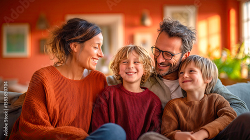 A young family (mother, father, two children) sitting together laughing on a sofa in a comfortably furnished living room, natural light, warm colors, emotional connection and security