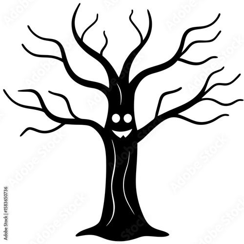 Detailed line art illustration of a spooky cursed tree with eerie faces embedded in its bark isolated on white background