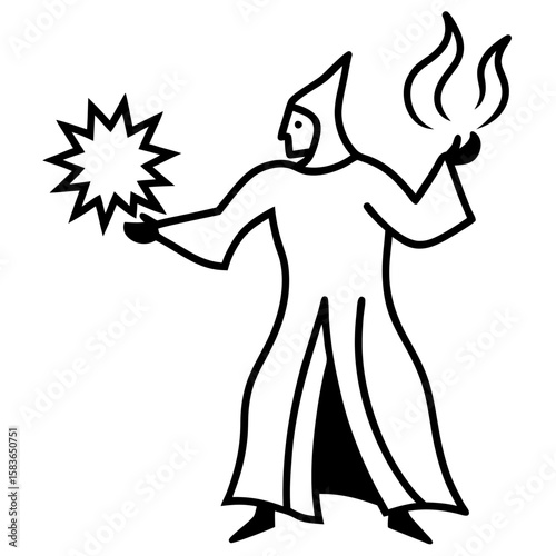 Line art of a powerful battle mage conjuring a mystical elemental isolated on white background