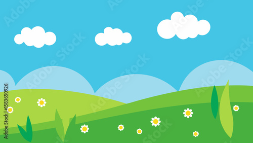 Peaceful Summer Meadow with Gentle Breeze and White Clouds