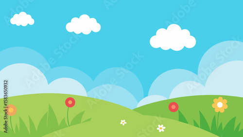 Peaceful Summer Meadow with Gentle Breeze and White Clouds
