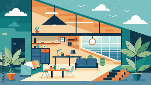 The lofts openconcept layout allows for seamless transition between work and relaxation keeping the vacation vibes alive.. Vector illustration