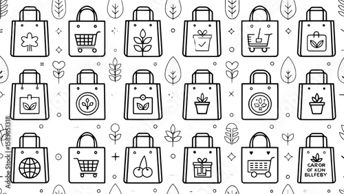 A seamless pattern of linear shopping bag icons arranged in a 7x5 grid. Each icon represents a different use case—online orders, express delivery, reusable fabric bags, holiday-themed bags, and food d