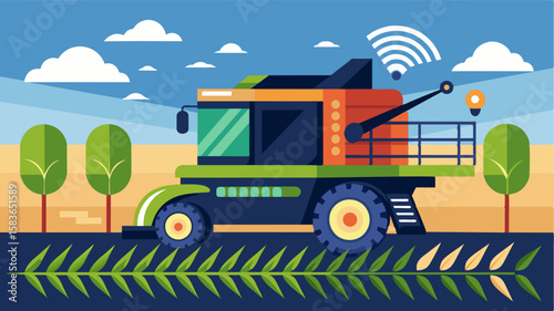 An illustration of a smart combine harvester equipped with sensors and GPS technology to optimize ting and sifting operations improving overall harvest quality and quantity.. Vector illustration