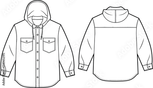 Hooded shirt sketch front and back, fashion illustration, button placket design, chest pocket detail, apparel layout, clothing template