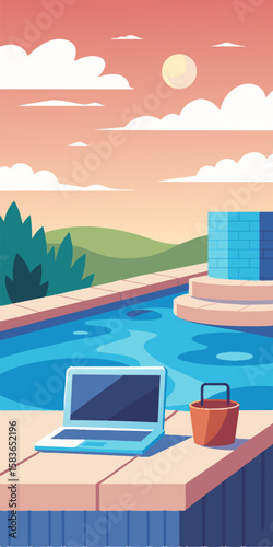 Need a break from your laptop Head to the jacuzzi on the terrace for a quick rejuvenating dip before heading back to work.. Vector illustration