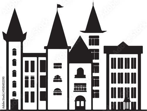 Black silhouette fairytale castle town buildings
