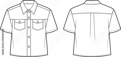 Short sleeve button-up shirt sketch front and back, chest pocket detail, collar design, fashion illustration, garment template, apparel layout