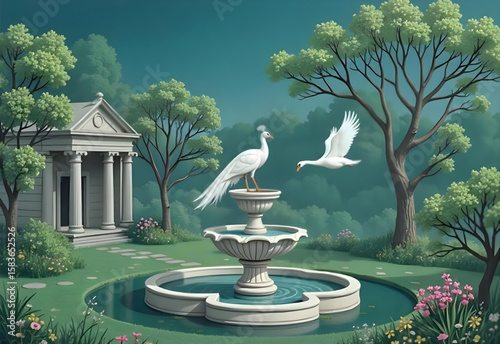 Roman Garden Wallpaper Vector – Ancient Temple Landscape with Fountain, White Peacock, Swan, Birds, and Floral Forest Scene for Elegant Classical Decor