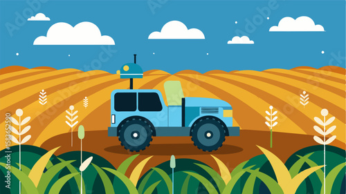 An autonomous vehicle equipped with specialized sensors and precision technology driving through a cornfield and administering liquid nutrients directly to the soil.. Vector illustration