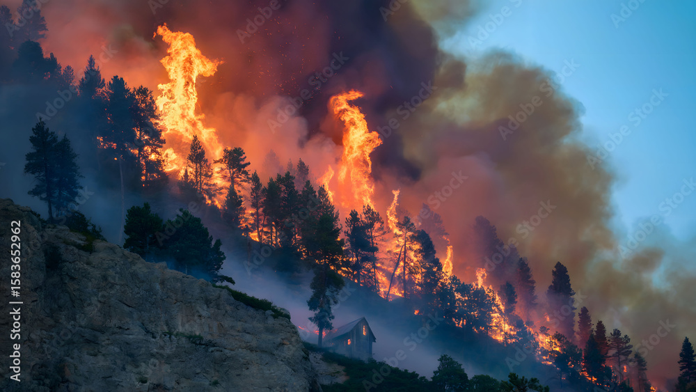 Fototapeta premium Massive Forest Wildfire Engulfs Hillside with Intense Flames and Towering Smoke Plumes 