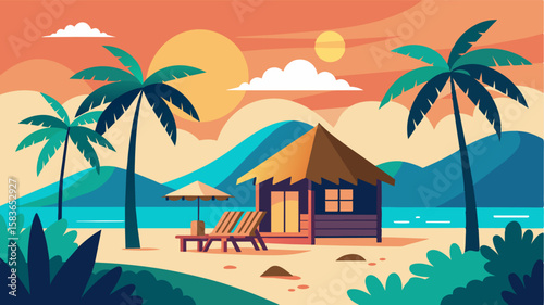 Returning to a tranquil beach bungalow after a productive day in the sun ready to unwind and relax.. Vector illustration