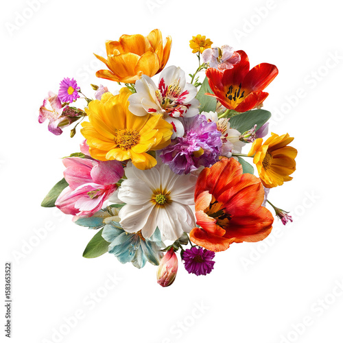 Vibrant spring tulip and daisy bouquet isolated on transparent background