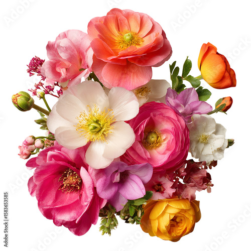 Beautiful mixed bouquet of ranunculus flowers isolated on transparent background