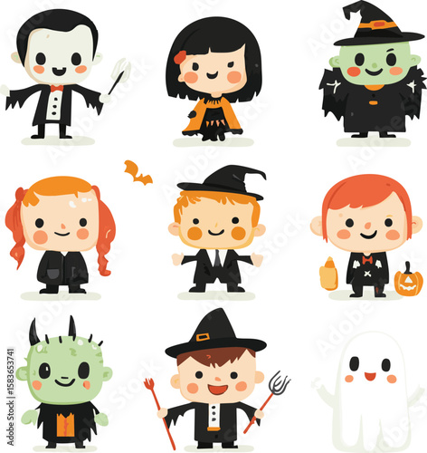 A set of cute cartoon Halloween character icons, including a vampire, witch, ghost, and Frankenstein's monster. Flat design vector illustration isolated on a white background.