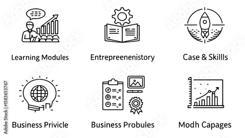 A grid of 6x8 business-focused line art icons tailored for startup education platforms — representing learning modules, entrepreneurship skills, mentorship, case studies, pitch practice, and business 