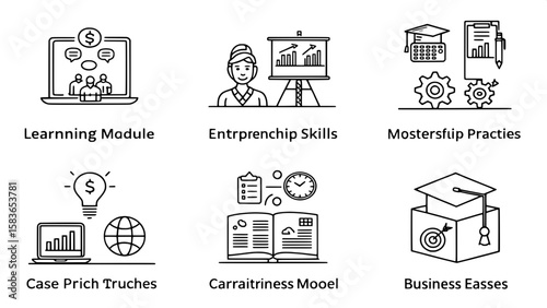 A grid of 6x8 business-focused line art icons tailored for startup education platforms — representing learning modules, entrepreneurship skills, mentorship, case studies, pitch practice, and business 