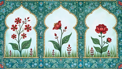 Mughal Garden Wallpaper Vector – Vintage Floral Landscape with Three Arches, Traditional Indian Palace Decor for Elegant Living Room and Interior Wall Art