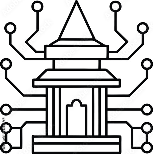 Intercultural Temple Gateway Melting into a Digital Grid