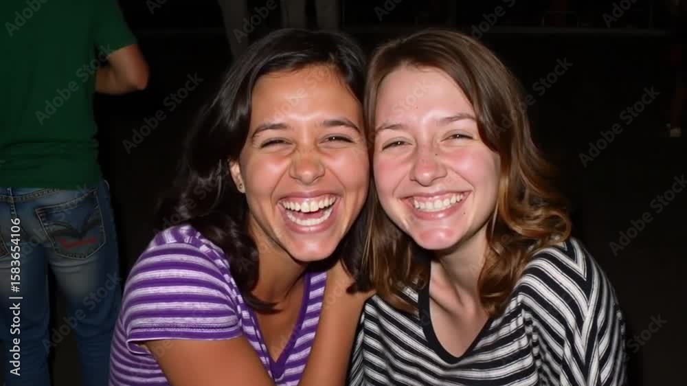 dos jóvenes sonrientes con camisas a rayas, que muestra la alegría de la amistad en una animada reunión social.