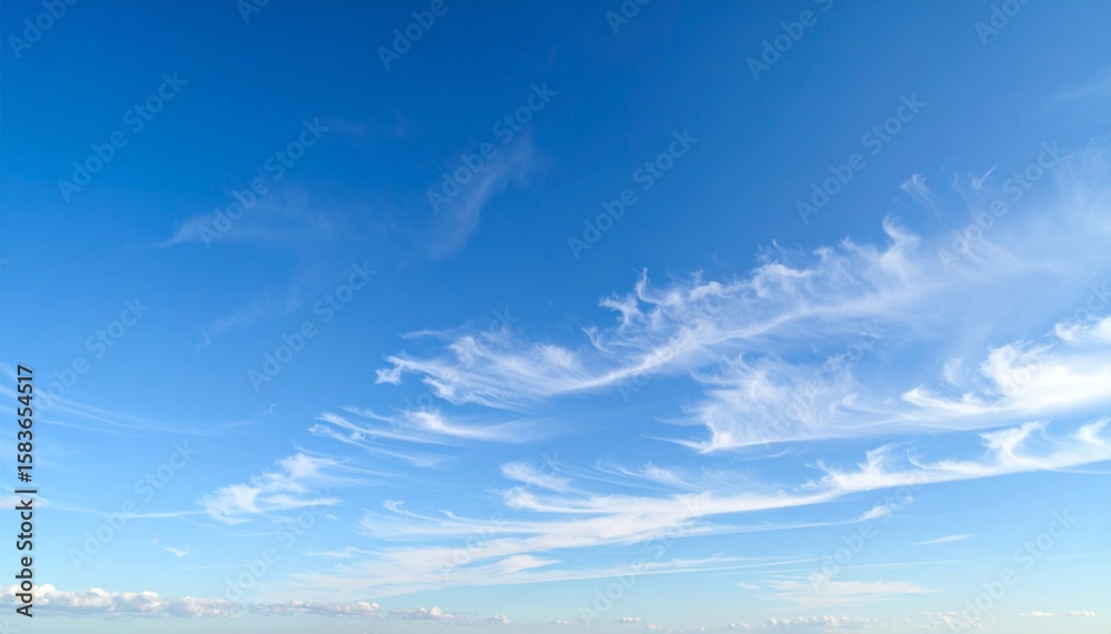 A bright blue sky with wispy, cirrus clouds stretching across the horizon on a clear day. A bright blue sky with wispy, cirrus clouds stretching across the horizon on a clear day.