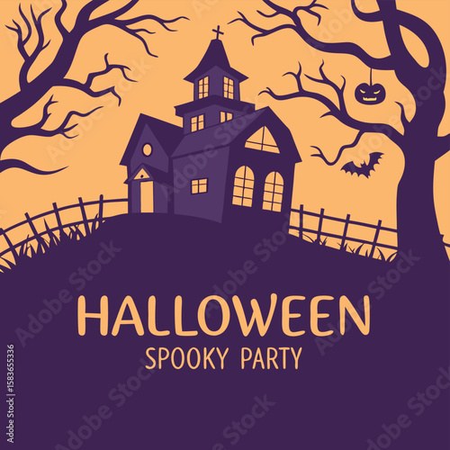 Spooky halloween invitation featuring a mysterious haunted mansion with cobwebs and a full moon perfect for themed parties and events