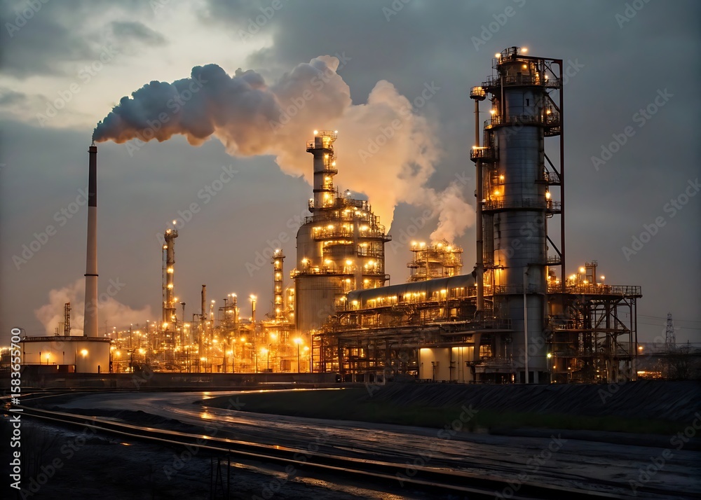 Fototapeta premium Industrial refinery at dusk with glowing lights and steam high resolution photo