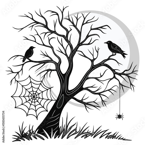 Mysterious spooky forest scene featuring a solitary gnarled tree with a creepy spider dangling ominously from its branches perfect for halloween or gothic themes