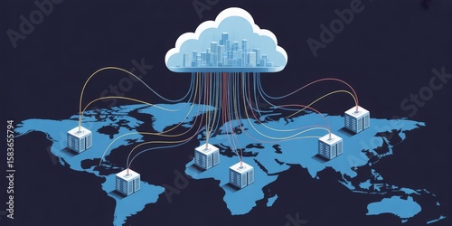 Global cloud network connecting data centers across a world map, data migration concept, information availability, cloud storage