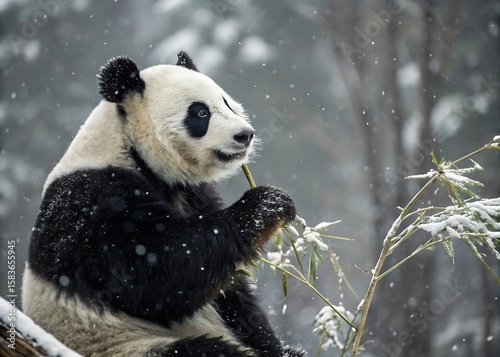 Giant panda eating bamboo in a snowy forest high resolution photo