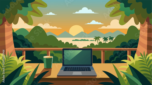 On a peaceful veranda a laptop basks in the warm sun showcasing a stunning panorama of a vast jungle.. Vector illustration