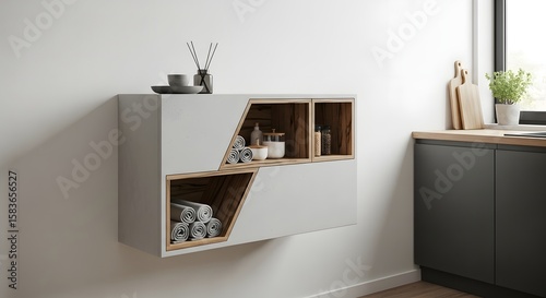 A modern wall mounted cabinet with towels and toiletries in a bathroom setting near a window area