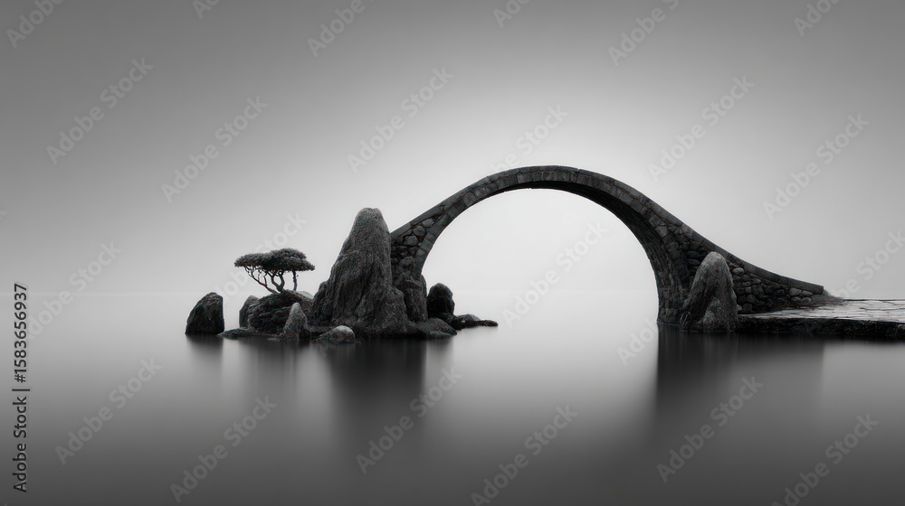 Fototapeta premium A serene, monochrome bridge over still water