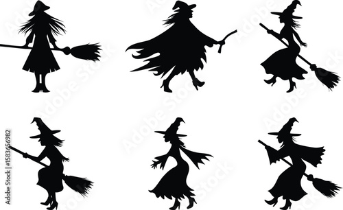 Silhouetted Witch Figures on Broomsticks Halloween Set