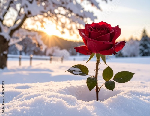 Generated image A red rose growing out of the snow. A powerful symbol of hope, resilience, and life in harsh conditions. 