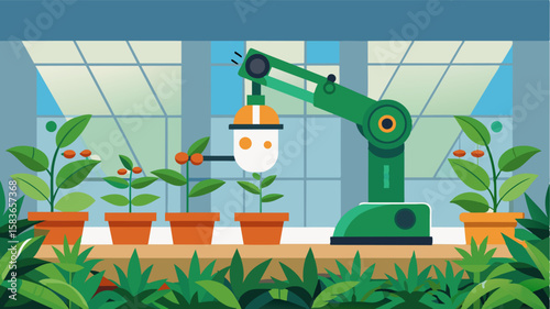 An advanced robotic system that can recognize and remove diseased plants in a greenhouse minimizing the spread of and maximizing crop health.. Vector illustration