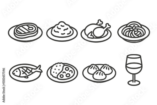 Dinner Dish Icons. Line style icons of dinner dishes: steak, mashed potatoes, roast chicken, pasta plate. grilled fish, curry dish